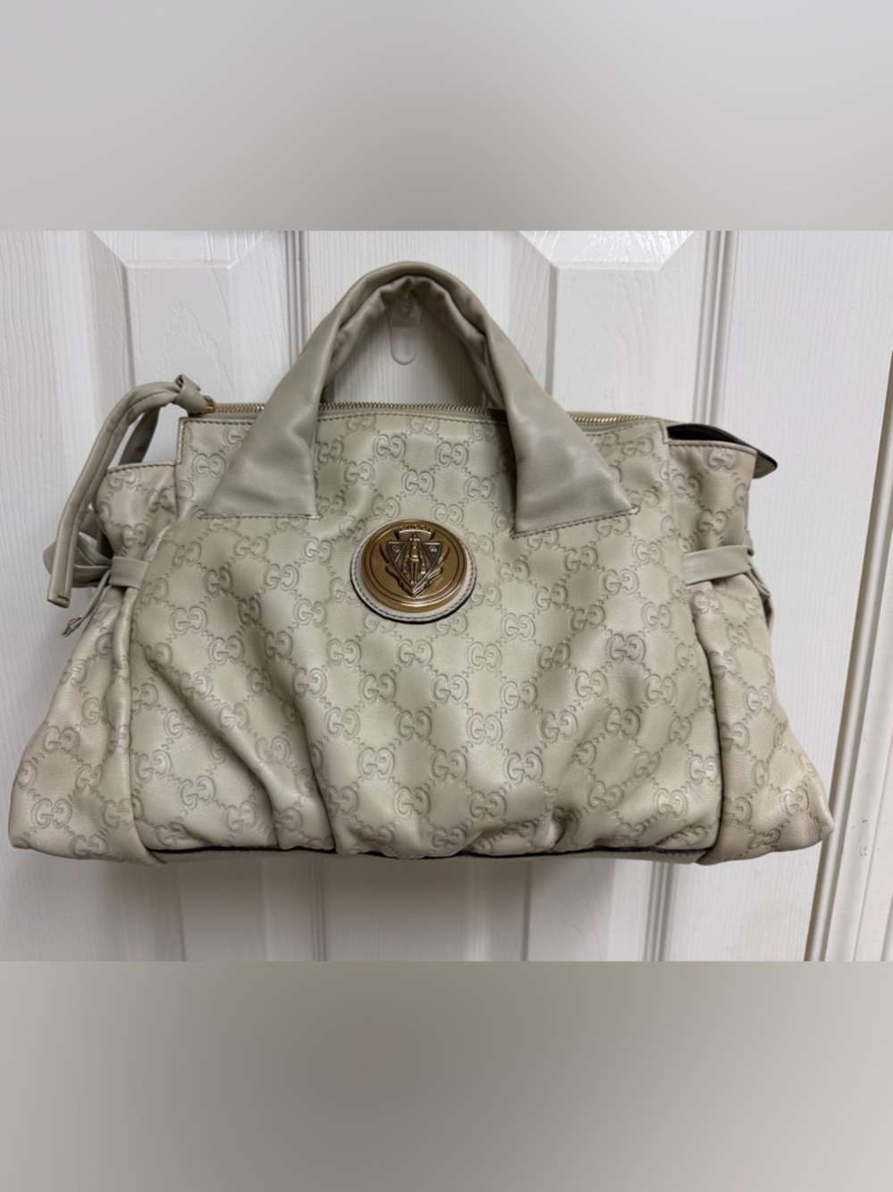 Gucci Ivory Monogram Leather Shoulder Bag with Gold Emblem